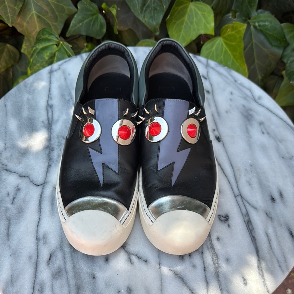 Fendi Monster Red Eye Multi Colored Leather Slip On Sneakers Sz.40